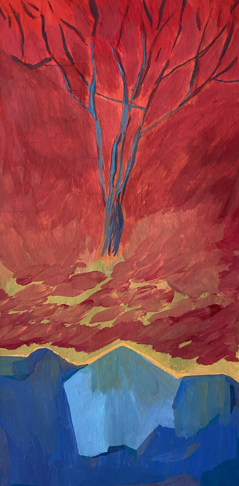 blue tree on red above blue house forms